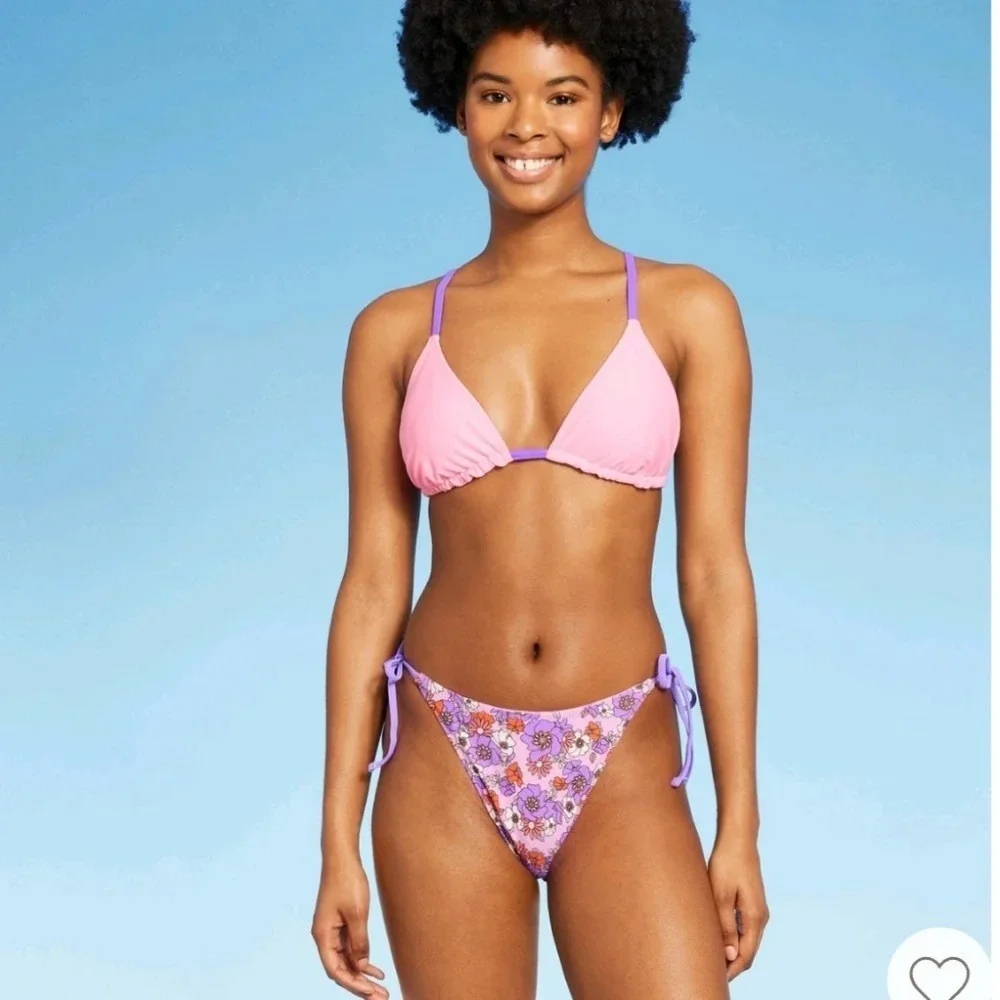 Wild Fable Reversible Floral Bikini Set XS Purple Pink Triangle Top Tie Bottoms